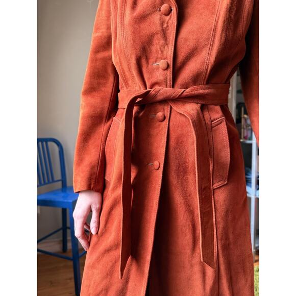 Vintage 70s Suede Trench Coat | Rust Orange Belted Maxi Jacket | Size M - Picture 3 of 13
